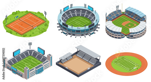 Isometric illustration showcasing six different sports stadiums, including tennis, soccer, baseball, football, and track and field.