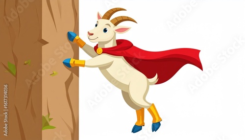 Cartoon Goat Superhero Climbing Brown Textured Wall With Suction Hooves Wearing Red Cape