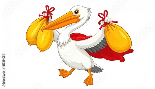Cartoon Pelican Superhero Catching Yellow Sacks With Red Cape on a White Background