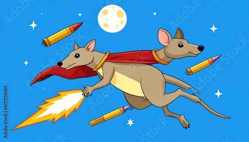 Cartoon Kangaroo Rat Superhero in Flight Dodging Bullets Against a Starry Night Sky with Full Moon