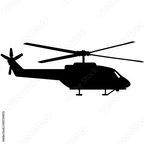 Silhouette of a helicopter with main and tail rotors