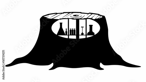 Silhouette of a tree stump with a laboratory inside featuring flasks and beakers on a shelf display design