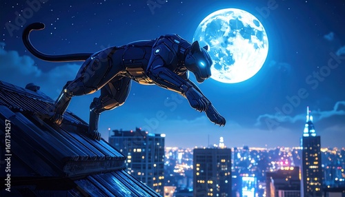 Cybernetic Panther Leaping Across Rooftops Under Moonlight over Cityscape