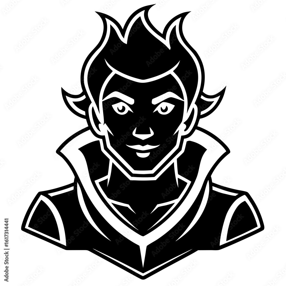 Stylized black and white illustration of a fiery haired character Stylized black and white illustration of a fiery haired character