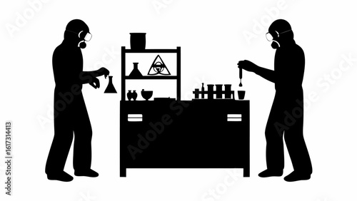 Silhouetted scientists in hazmat suits conducting experiments in a laboratory with equipment visible