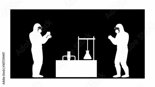 Two figures in hazmat suits conducting experiment with lab equipment on a table in a dark environment silhouette