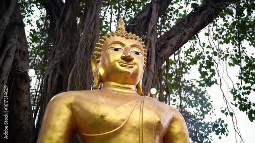 Golden Buddha statue under a lush tree canopy