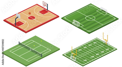 Isometric illustration featuring a basketball court, soccer field, tennis court, and American football field, showcasing various sports grounds.