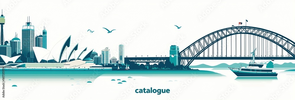 Obraz premium Sydney Skyline Art: Iconic Opera House & Harbour Bridge in Teal Palette