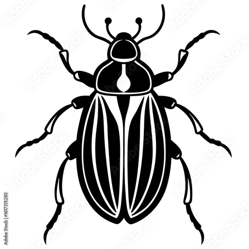 Stylized black and white illustration of a beetle