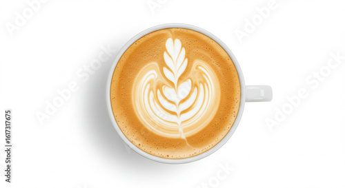 top view of coffee cappuccino spiral milk isolated on white background	
