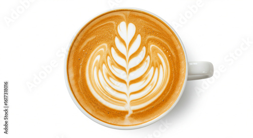 top view of coffee cappuccino spiral milk isolated on white background	
