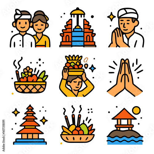 A set of colorful vector illustrations representing traditional Balinese culture including temples, offerings, praying gestures, and local people in traditional attire.