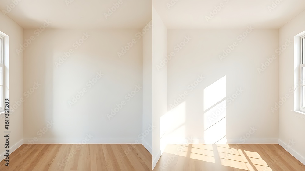 Obraz premium Simple room comparison showing plain walls versus freshly painted walls with natural light.