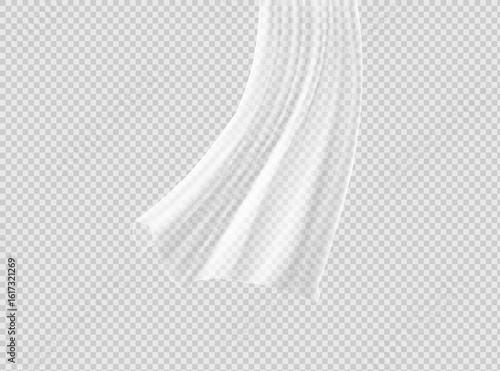 White lightweight fabric curtain fluttering realistic vector illustration mock up. Shower or window fabric on a curtain rod template.