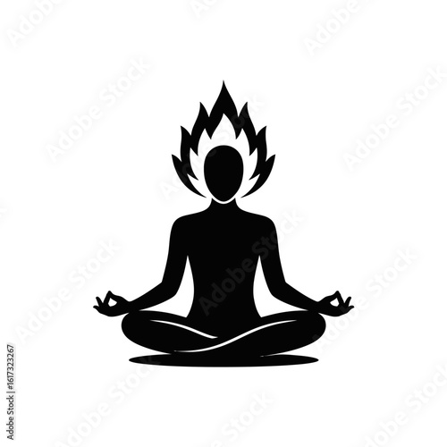 Silhouette of a person meditating with flames emanating from their head isolated on white background