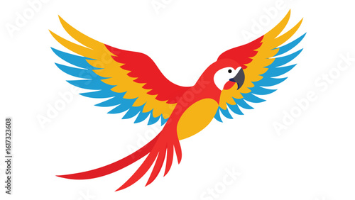 Colorful scarlet macaw parrot flying with wings spread wide