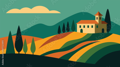 Tuscan landscape with villa and rolling hills