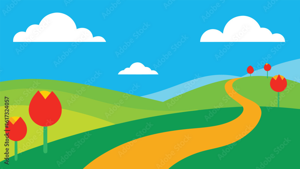 Fototapeta premium Vibrant spring landscape with winding path and tulips