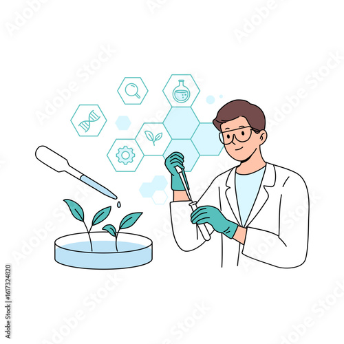 Scientist conducting plant research in a laboratory. Biotechnology and genetic engineering concept with a biologist studying sprouts in a petri dish.