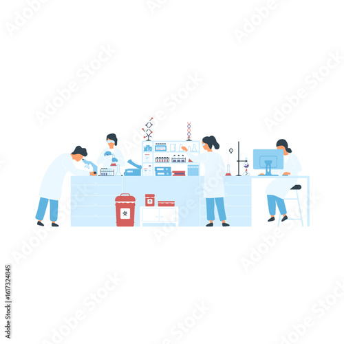 Medical researchers working together in a scientific laboratory on virology and vaccine development. Flat vector illustration.