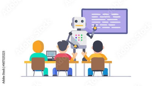 A robot teaching students in a classroom, illustrating the future of education with artificial intelligence and automated learning