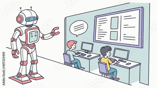A robot standing in a classroom with students working on computers, illustrating the integration of technology and artificial intelligence in education