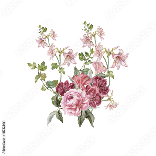  Watercolor Bouquet with Red and Pink Florals – Botanical Clipart for Wedding and Decor, Vintage Watercolor Flower Arrangement – Soft Red and Blush Floral Clipart