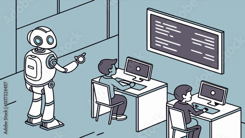 A robot is teaching students in a classroom, illustrating the integration of artificial intelligence in education and the future of learning