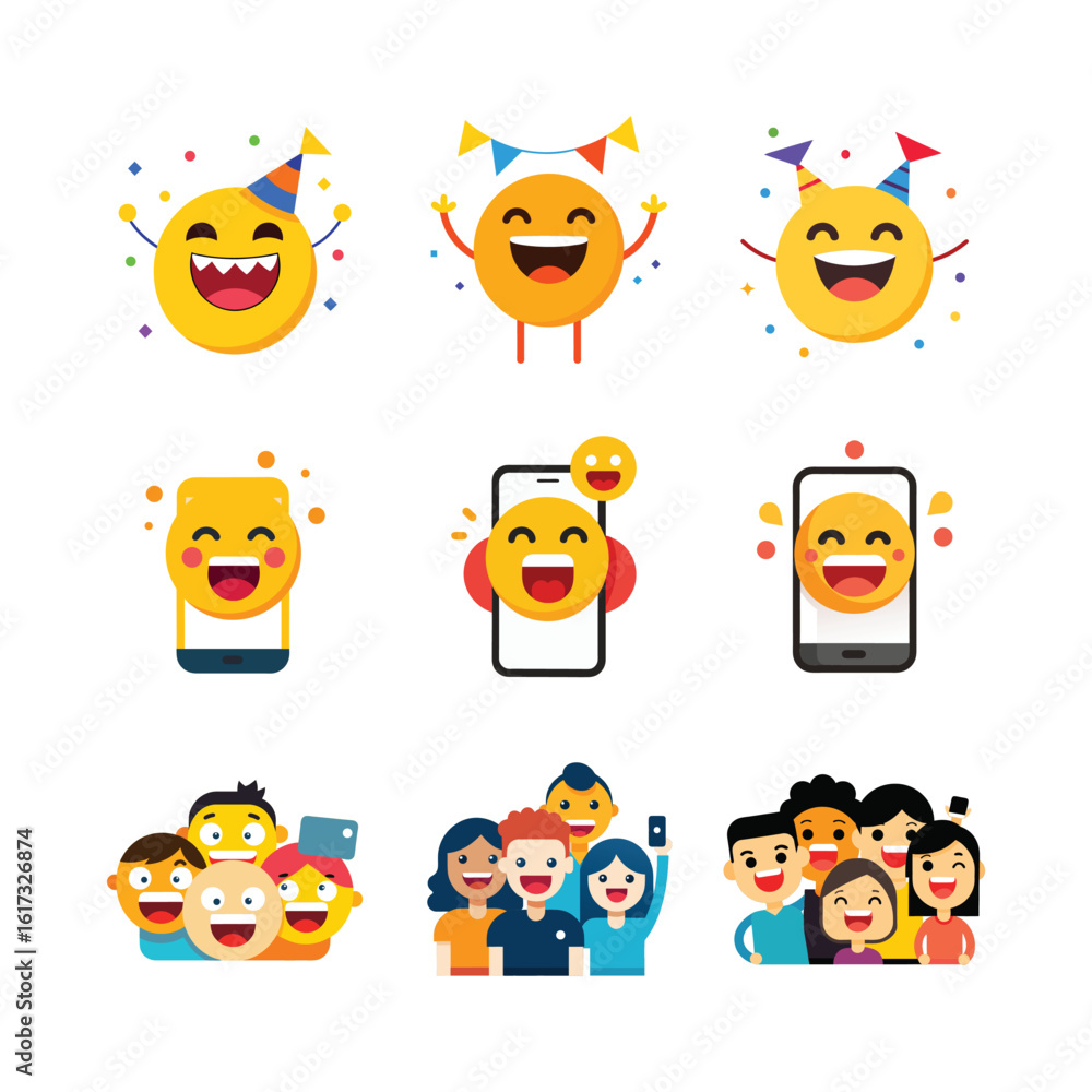 Obraz premium World Emoji Day design elements in a bold black silhouette vector style. Features fun and expressive emoji faces, perfect for your social posts, ads, and prints.