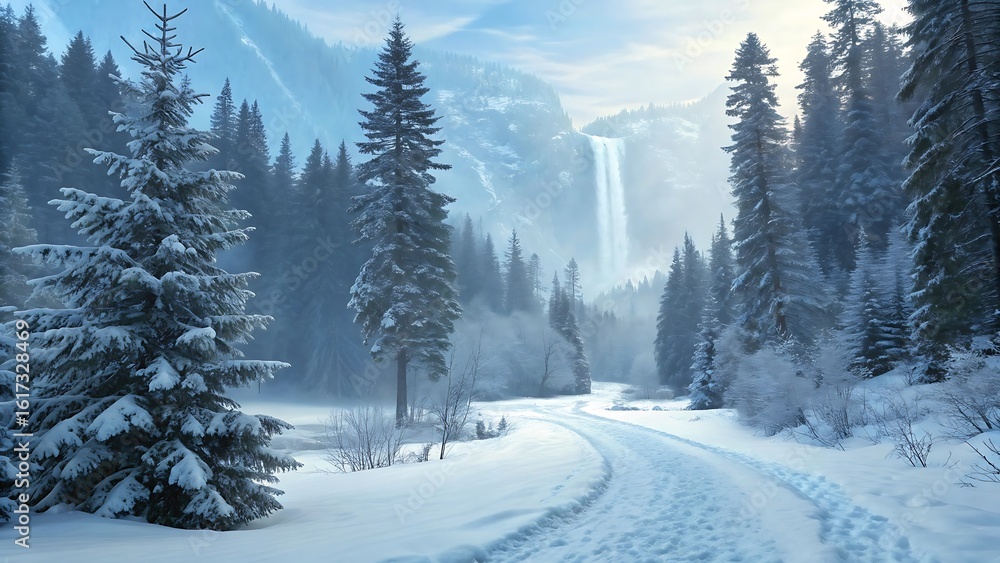 Fototapeta premium Snow covered forest road leading to a majestic waterfall in a winter mountain landscape