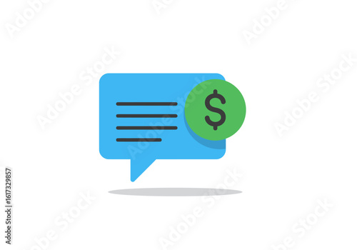 Flat vector icon of a blue speech bubble with a green dollar sign, symbolizing financial messages, online payments, and business communication.
