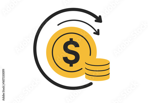 Cashback and refund icon concept. Dollar coins with a circular arrow representing money back, return on investment, and financial circulation.
