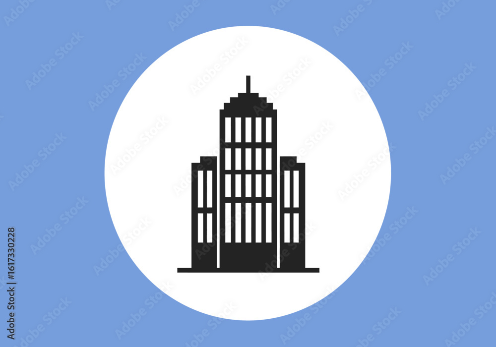 Fototapeta premium Minimalist vector icon of a high-rise office building. Flat design corporate skyscraper silhouette for business or real estate concepts.