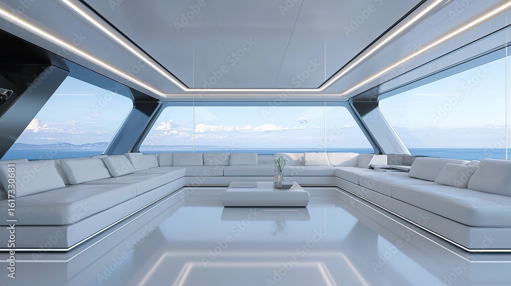 Fototapeta premium Spacious modern yacht interior with panoramic ocean views, featuring sleek white seating and minimalist decor for a luxurious and serene ambiance.