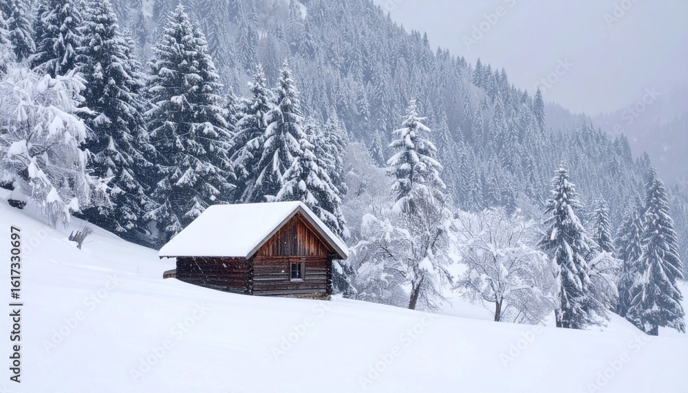 Fototapeta premium footage of a small cabin in a remote snowy valley, with light snowfall, cold wind sounds, and a peaceful winter mood