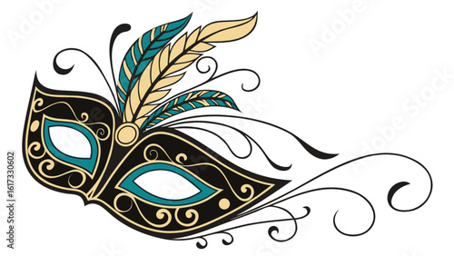 An ornate masquerade mask with feathers, isolated on white background, evokes a sense of mystery and elegance, perfect for carnival celebrations and theatrical performances