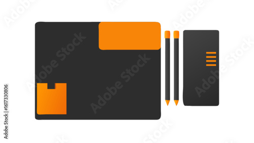 A modern stationery set featuring a notebook, pen, and other office essentials in a flat design style, isolated on white background