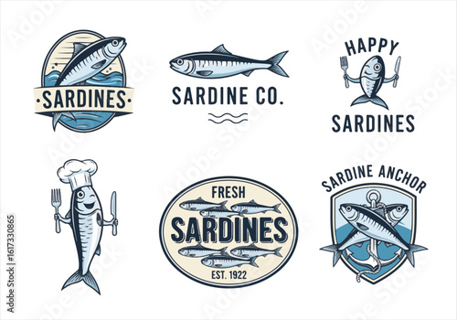 sardines logo set bundle, vector illustration, isolated on white background