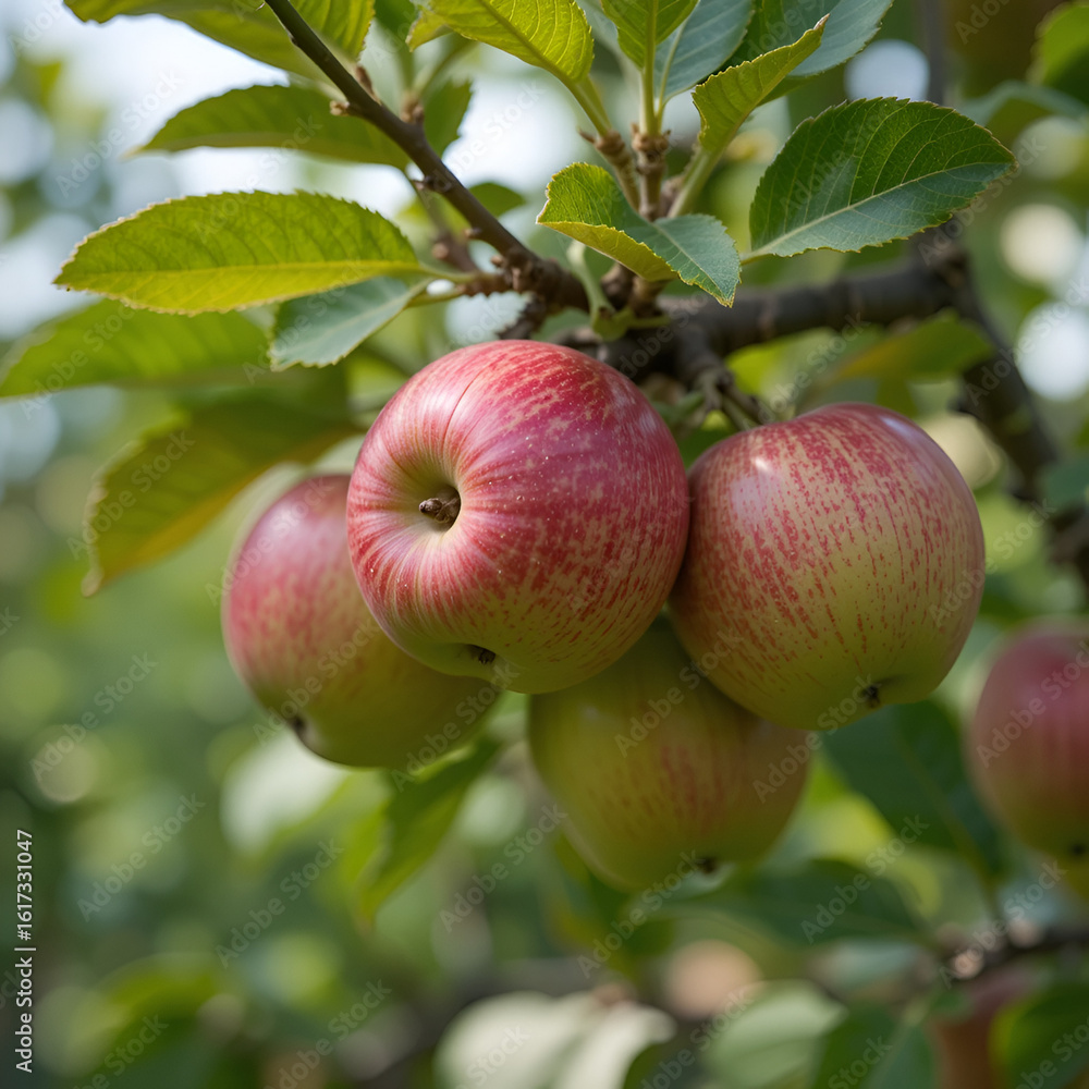 A close-up image of a granny smith apple tree with ripe apples hanging from its branches A close-up image of a granny smith apple tree with ripe apples hanging from its branches