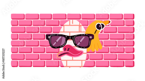 A cool duck with sunglasses peeks through a hole in a pink brick wall in this modern cartoon illustration isolated on white background