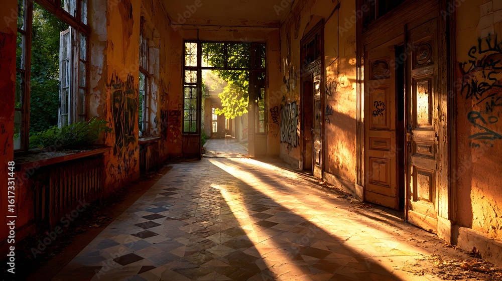 Fototapeta premium Sunlit corridor in an abandoned building.