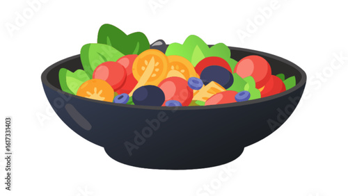 A vibrant bowl of mixed salad with fresh tomatoes, blueberries, oranges, and lettuce, isolated on white background