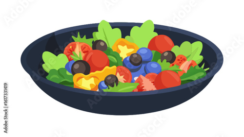 A colorful salad bowl filled with fresh tomatoes, blueberries, olives, and lettuce, isolated on white background