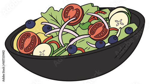 A refreshing salad bowl with tomatoes, blueberries, cucumbers, lettuce, and onions, isolated on white background