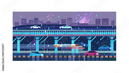 Cars drive on a bridge in the city at night during a rainstorm, creating a vibrant and dynamic urban scene