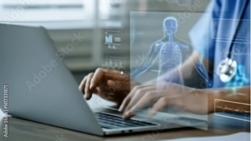 A medical professional uses a laptop with interactive holographic health data, visualizing anatomical scans and vital signs for advanced patient diagnostics and digital healthcare management