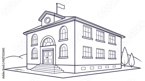 Illustration of a classic school building with a flag on top, showcasing its architectural design and educational purpose