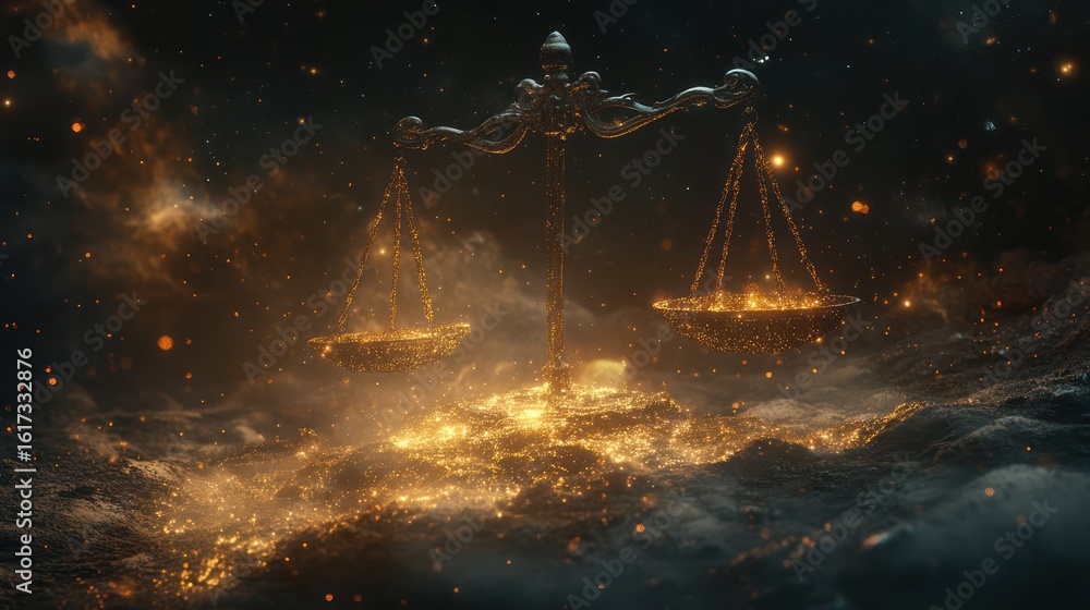 Obraz premium Cosmic scales balance justice, fiery nebula background, legal concept
