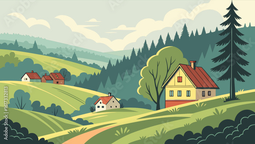 A picturesque landscape featuring houses in a rural village, surrounded by mountains, hills, and lush green fields